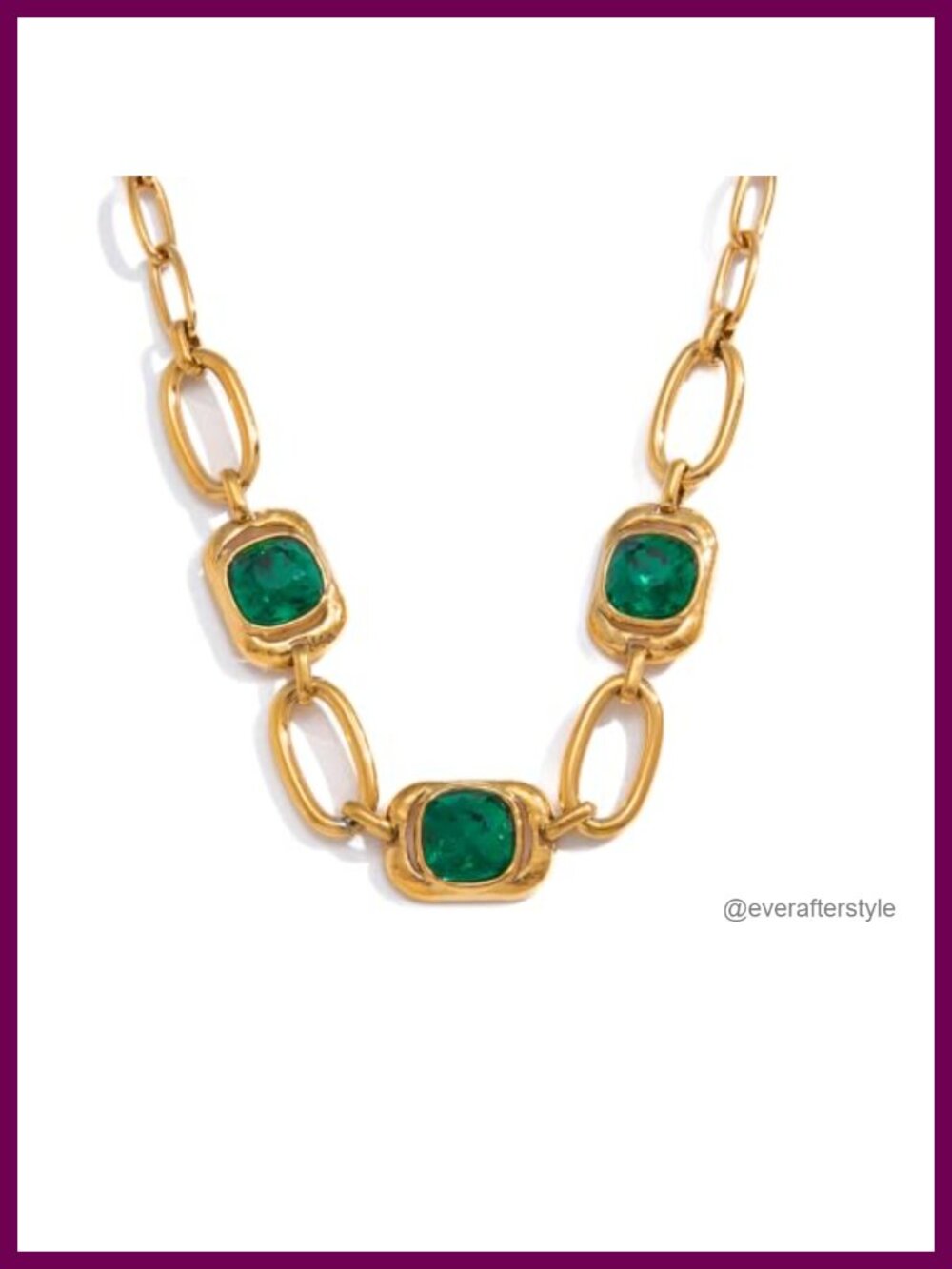 18K Gold Plated Stainless Steel Paperclip Necklace Green Glass Pendant